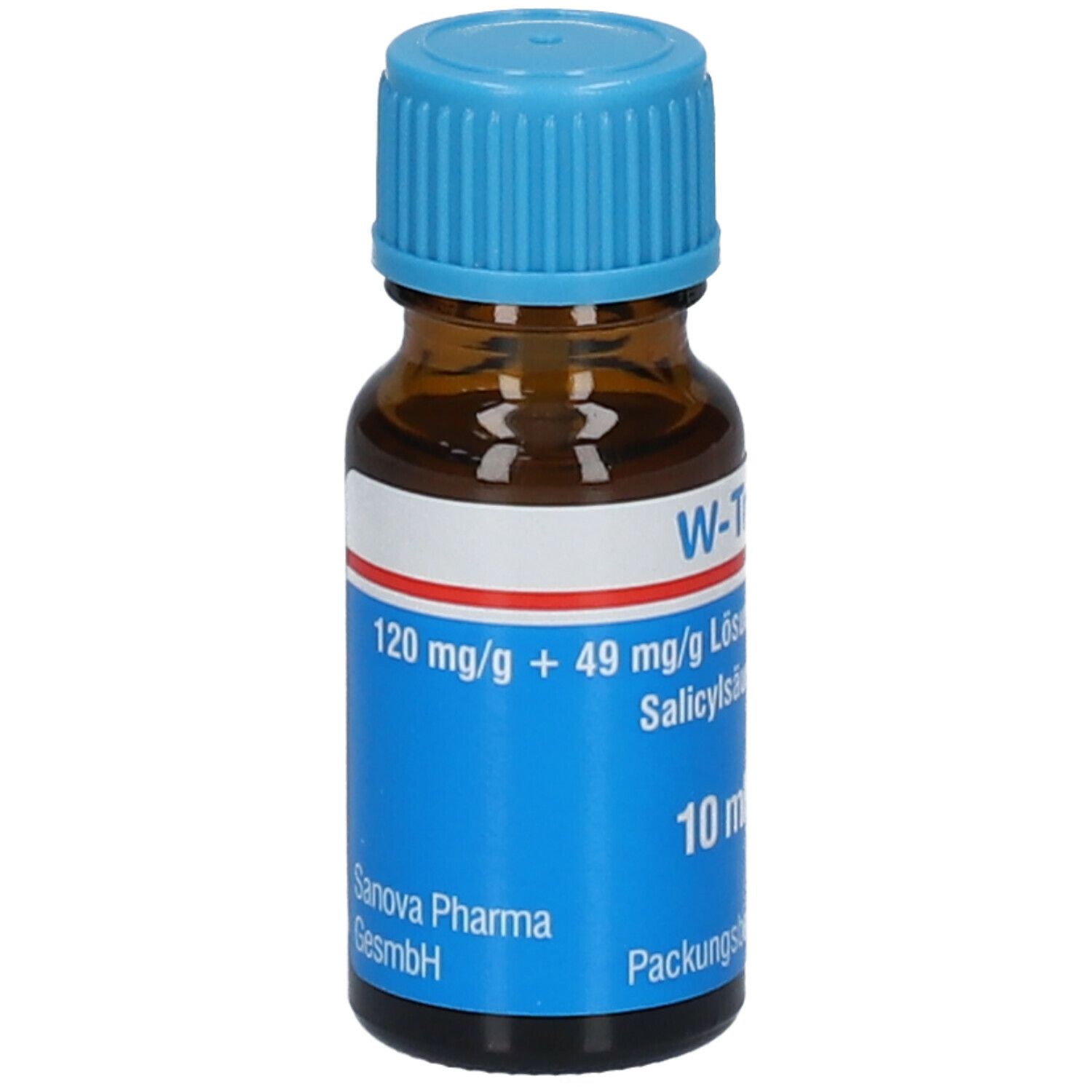 Braune Glasflasche mit blauem Verschluss. Etikett mit Produktnamen, Inhaltsstoffen und 10 ml.