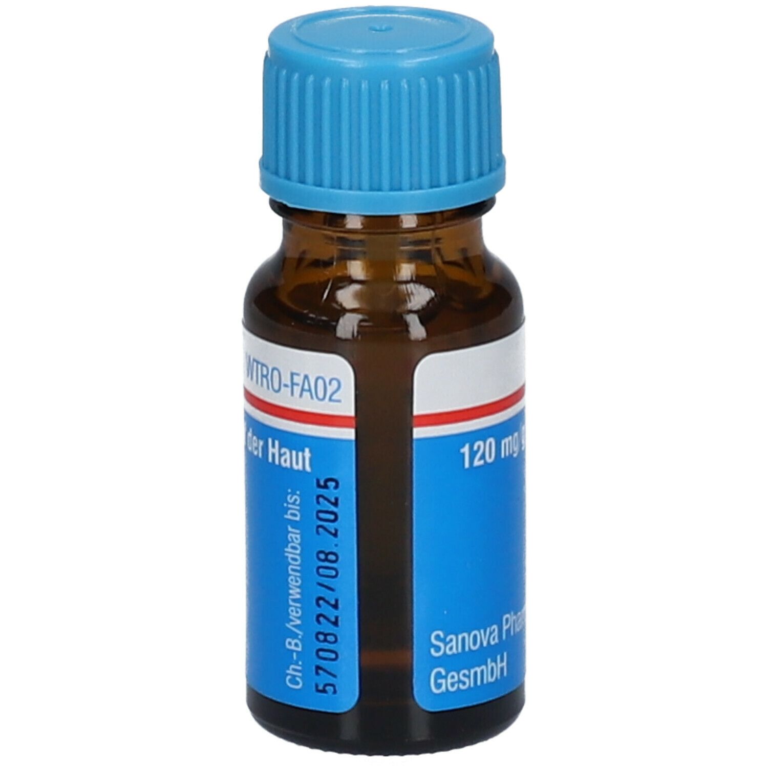 Braune Glasflasche mit blauem Verschluss. Etikett mit Produktnamen, Inhaltsstoffen und Verfallsdatum.