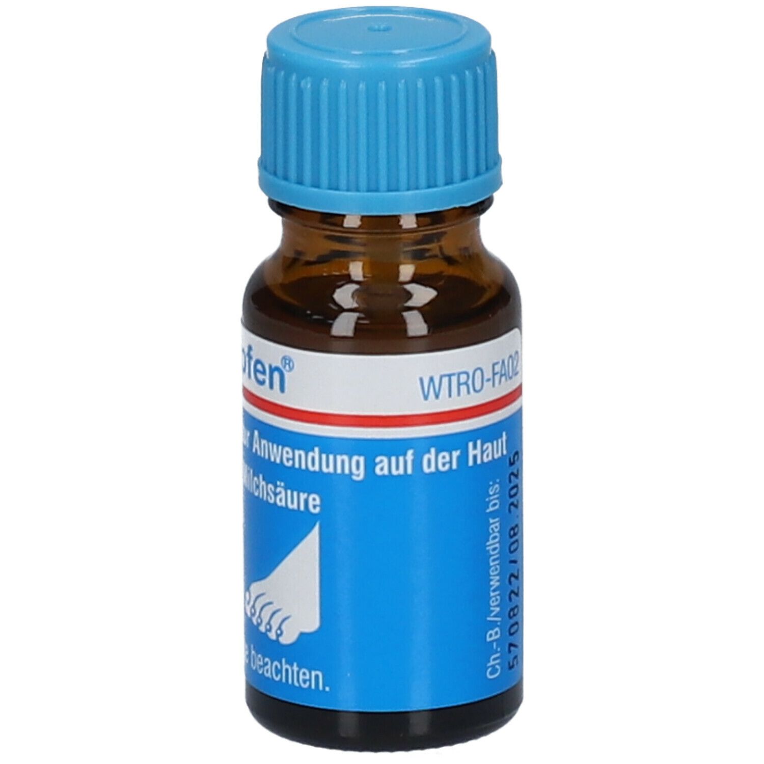 Braune Glasflasche mit blauem Verschluss. Etikett mit Produktnamen, Inhaltsstoffen und Fuß-Symbol.