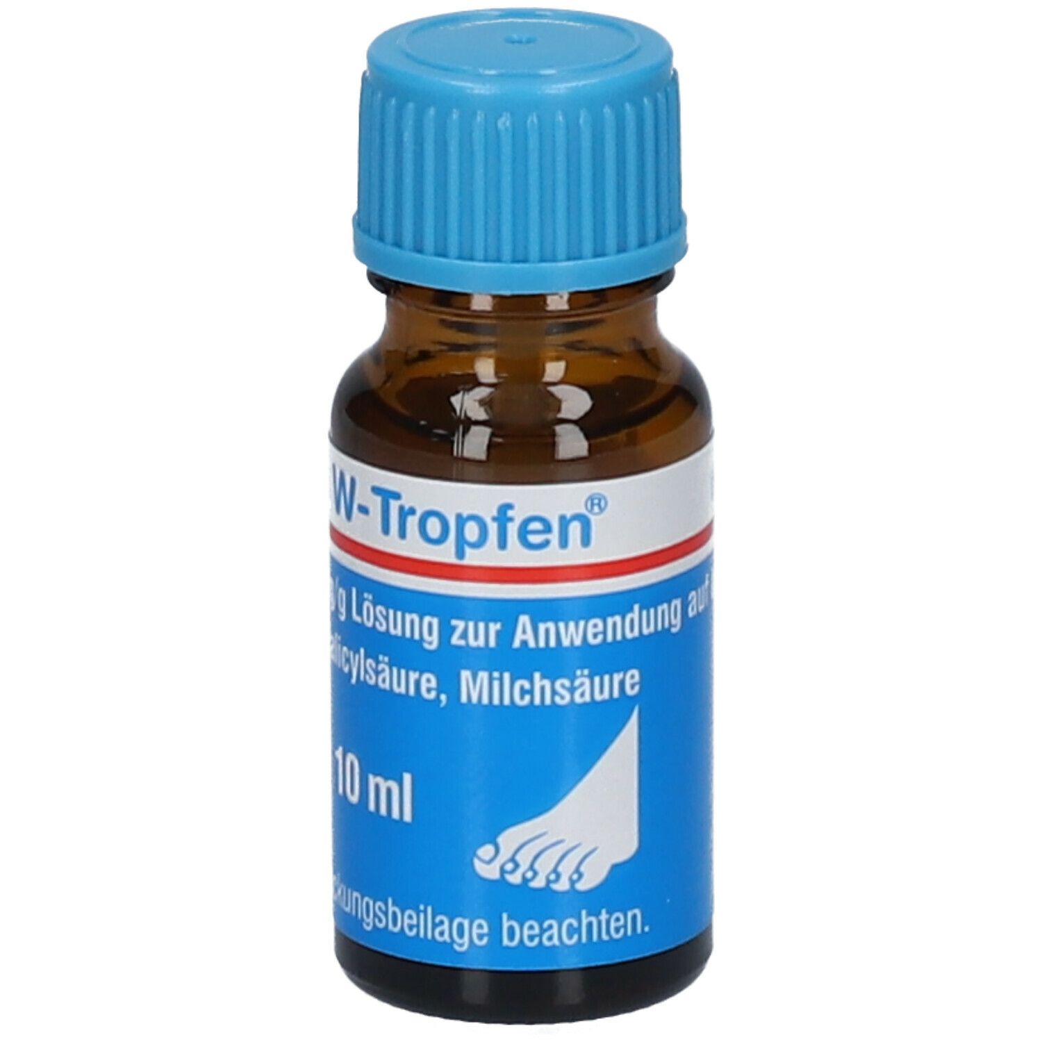Braune Glasflasche mit blauem Verschluss. Etikett mit Produktnamen, Inhaltsstoffen und 10 ml.