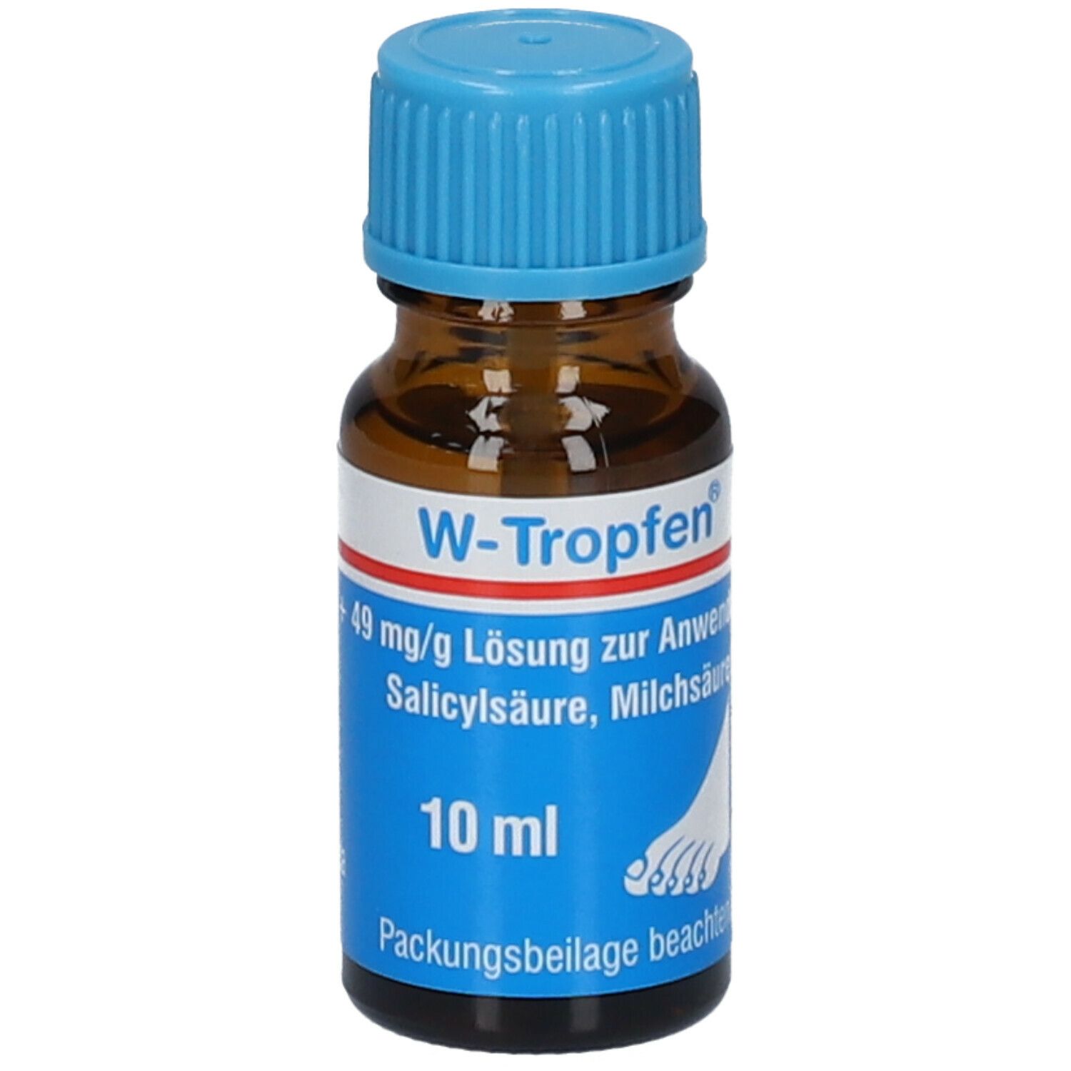 Braune Glasflasche mit blauem Verschluss. Etikett mit Produktnamen, Inhaltsstoffen und 10 ml.