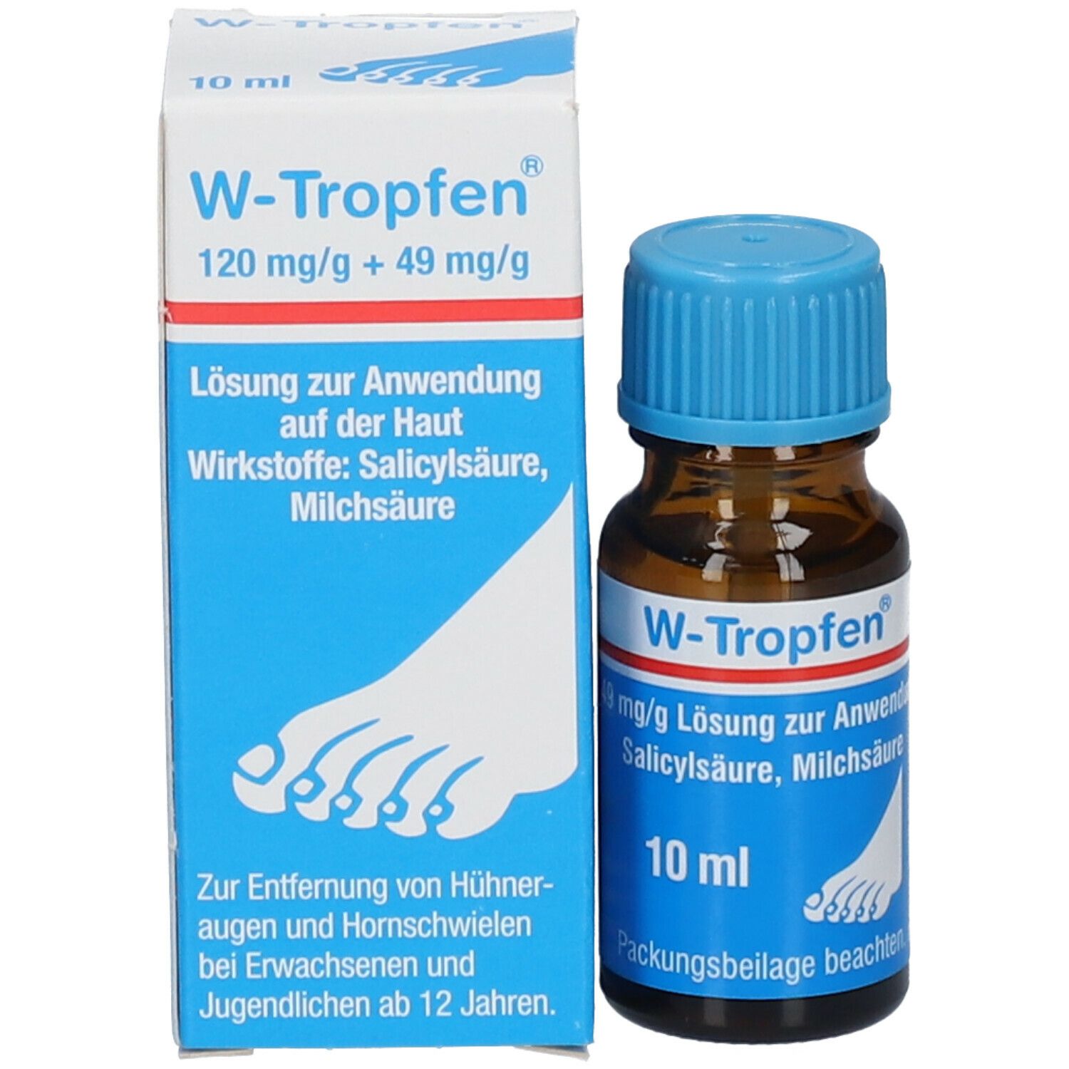 Produktflasche und Schachtel. Flasche braun, Verschluss blau. Schachtel blau-weiß mit Produktnamen und Inhaltsstoffen.