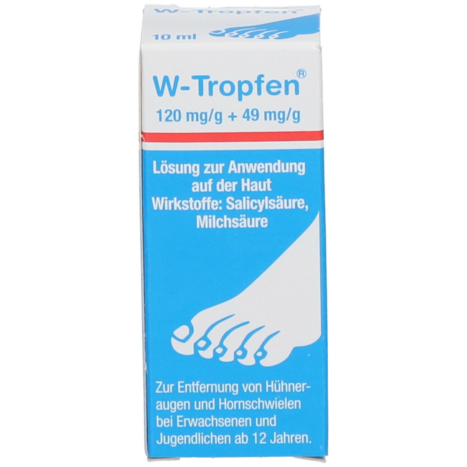 Weiße Schachtel mit blauem Etikett. Produktname, Inhaltsstoffe und Fuß-Symbol.