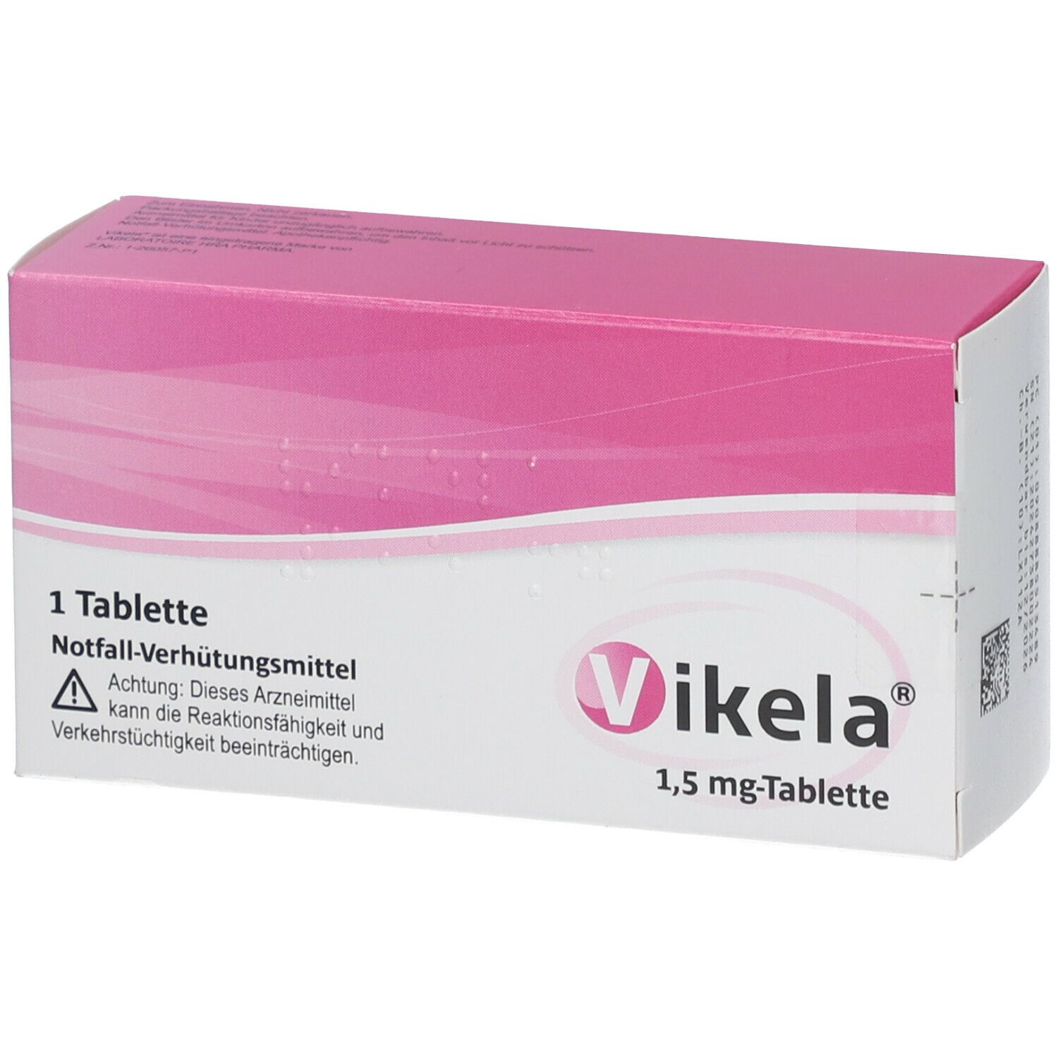 Rosa-weiße Schachtel mit "Vikela" und "1,5 mg-Tablette". Enthält 1 Tablette. Warnhinweis.