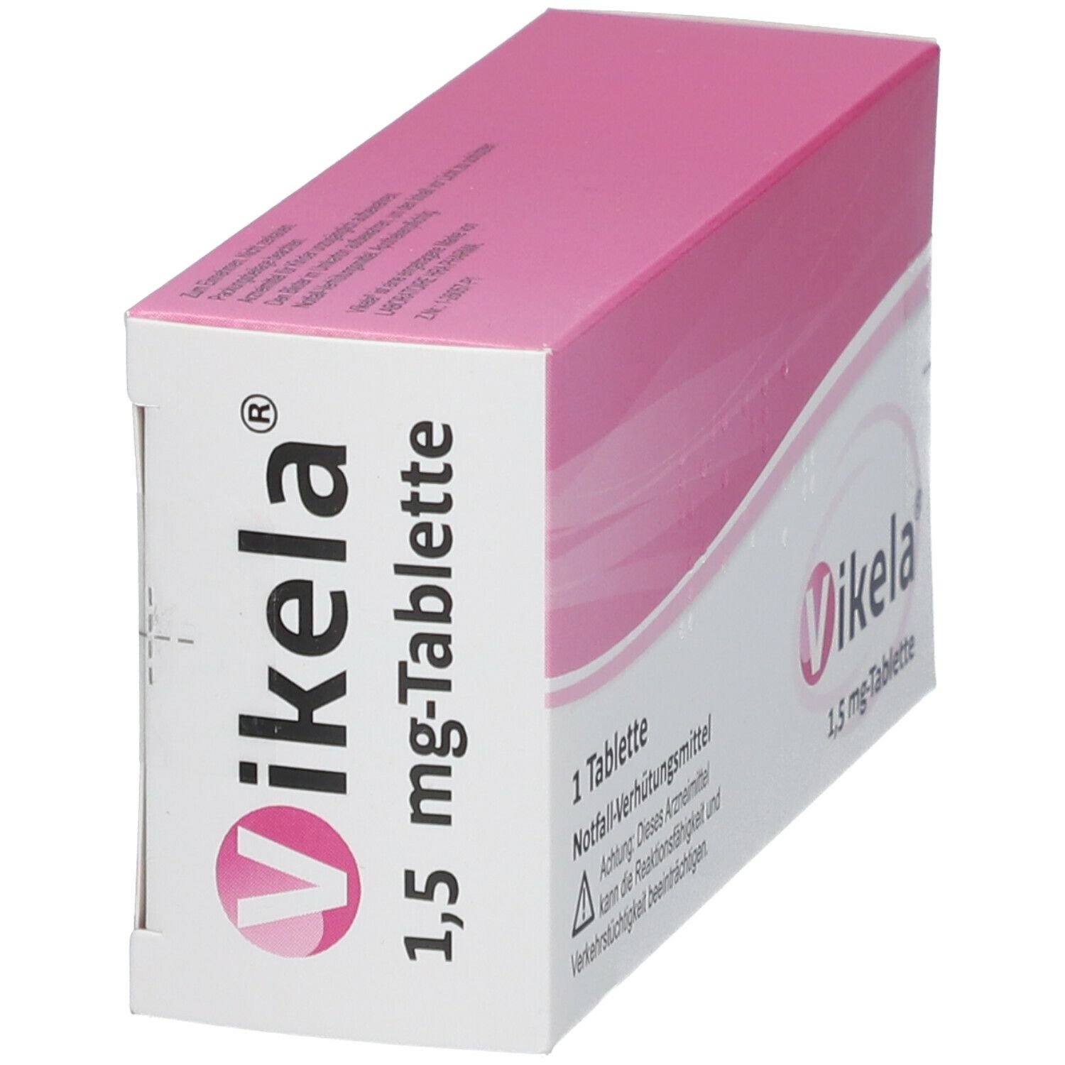 Schachtel "Vikela" und "1,5 mg-Tablette". Rosa-weiß. Seitenansicht. 1 Tablette. Notfallverhütungsmittel.