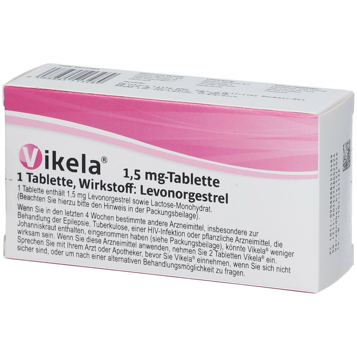 Schachtel "Vikela" und "1,5 mg-Tablette". Text: 1 Tablette, Wirkstoff Levonorgestrel. Rosa-weiß.