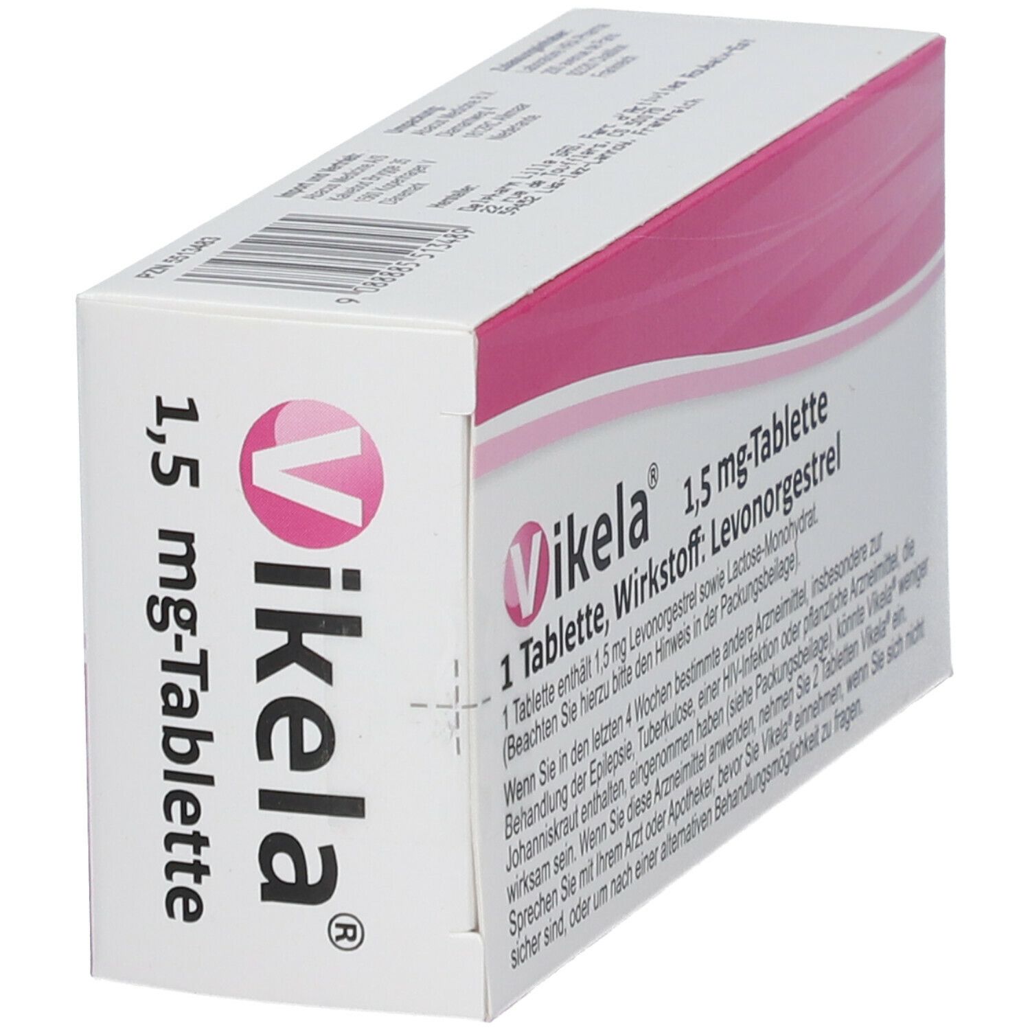 Schachtel "Vikela" und "1,5 mg-Tablette". Seitenansicht. Text: 1 Tablette, Wirkstoff Levonorgestrel.