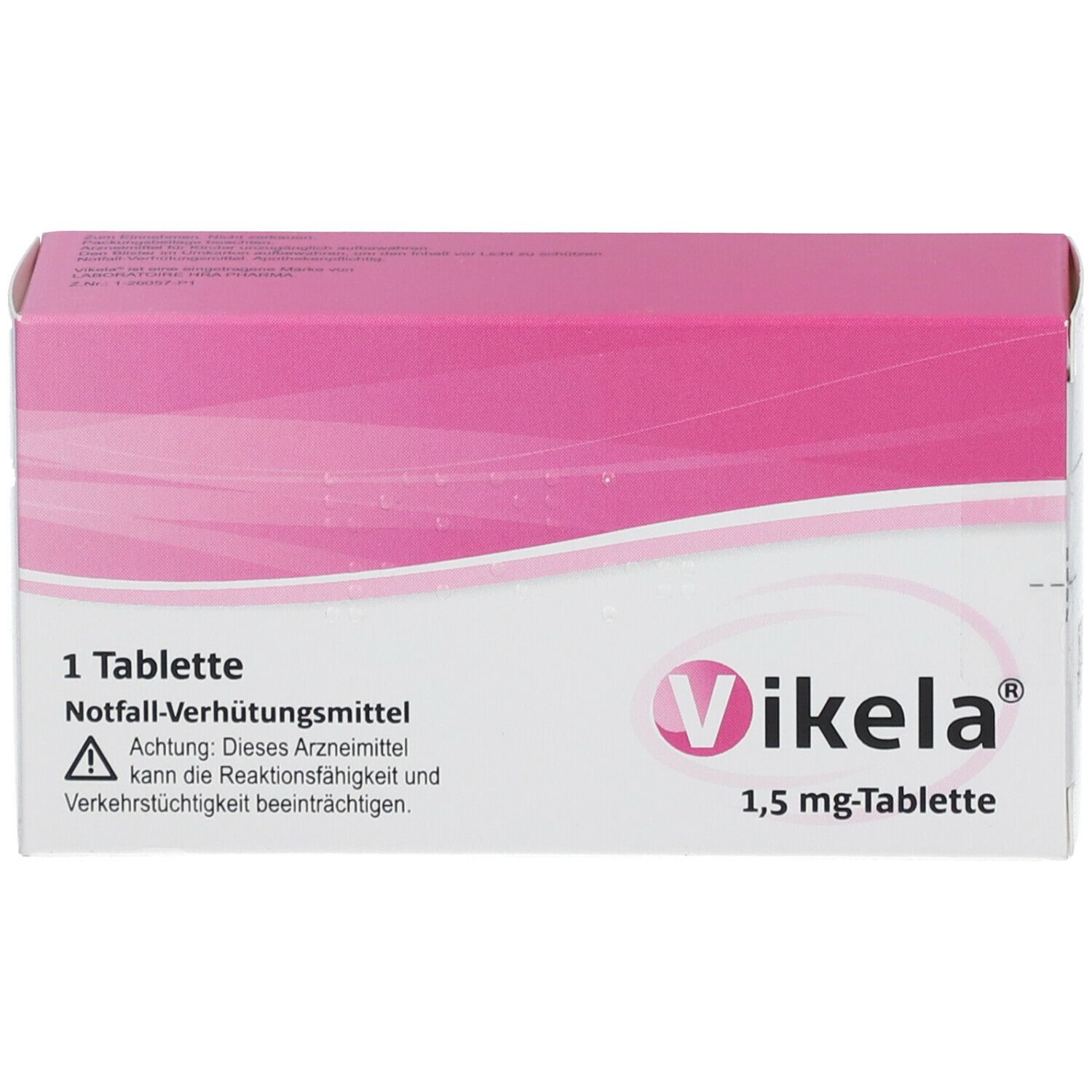Rosa-weiße Schachtel "Vikela" und "1,5 mg-Tablette". 1 Tablette. Warnhinweis.