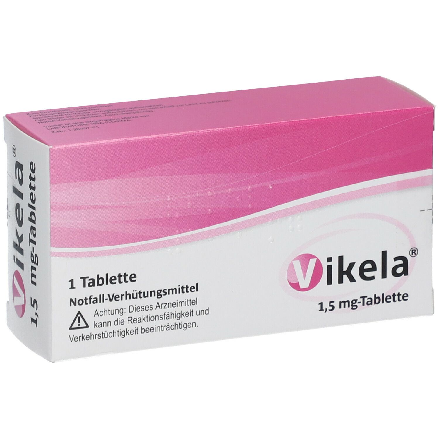 Schachtel "Vikela" und "1,5 mg-Tablette". 1 Tablette. Warnhinweis. Rosa-weiß.
