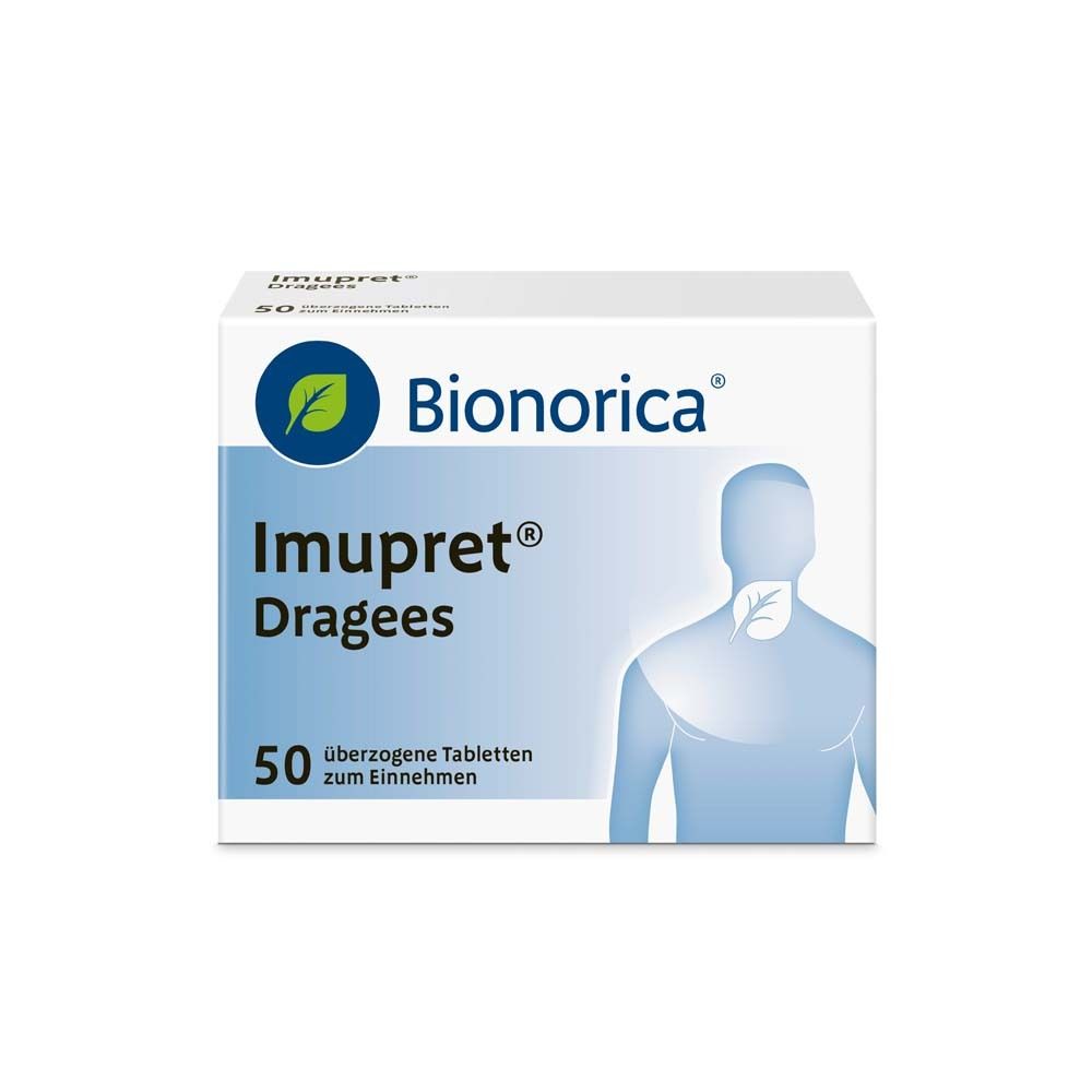 Weiße Schachtel mit "Imupret® Dragees" und "Bionorica" Logo. 50 überzogene Tabletten.
