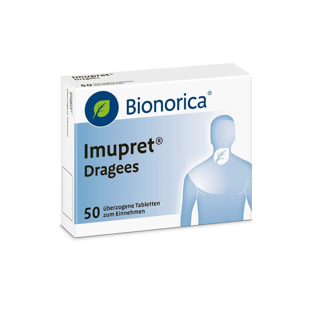 Schachtel "Imupret® Dragees" mit "Bionorica" Logo. 50 überzogene Tabletten. Perspektivische Ansicht.