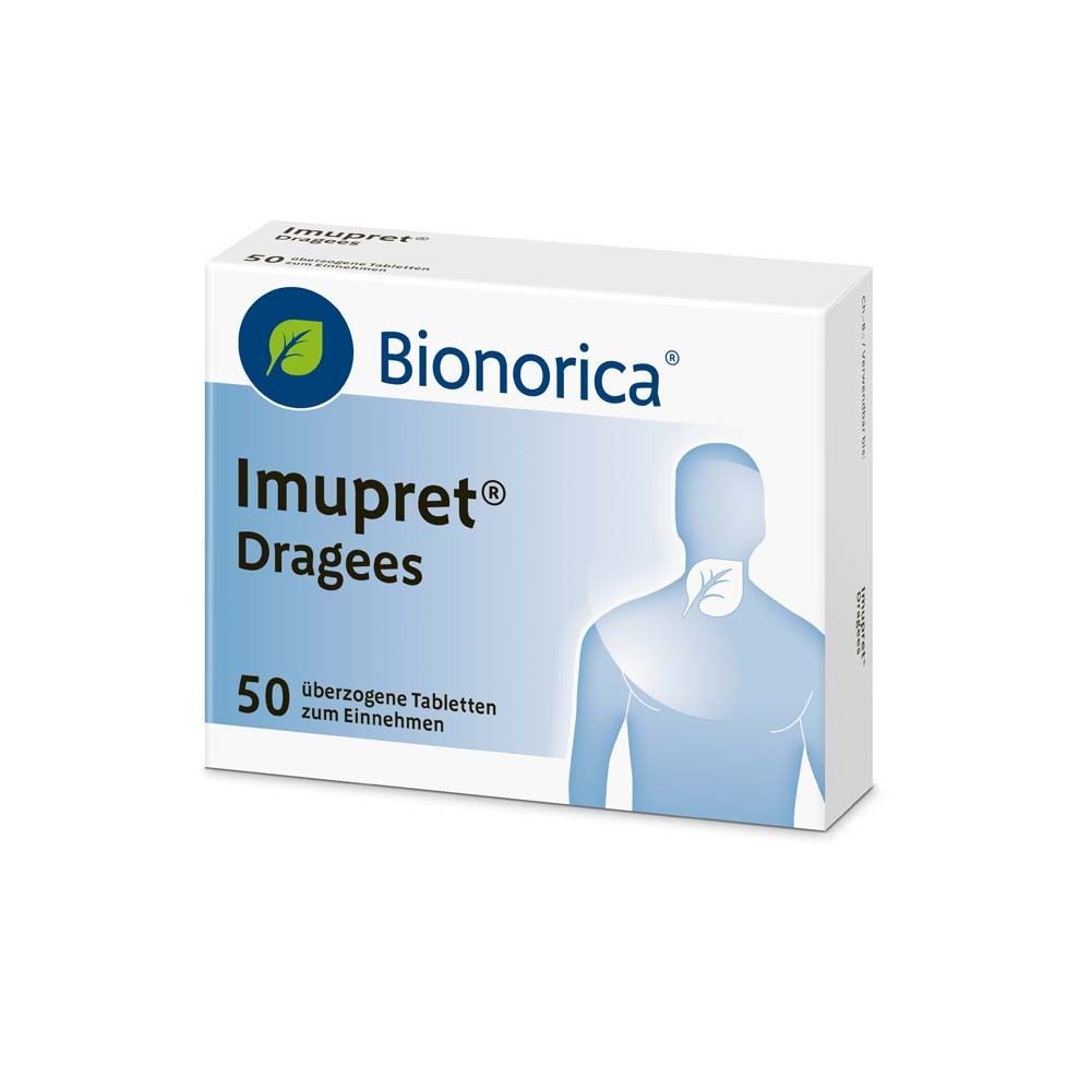 Weiße Schachtel "Imupret® Dragees" mit "Bionorica" Logo. 50 überzogene Tabletten. Nahaufnahme.