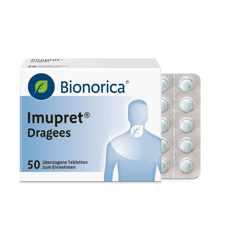 Schachtel "Imupret® Dragees" mit Blisterpackung. 50 überzogene Tabletten. "Bionorica" Logo.