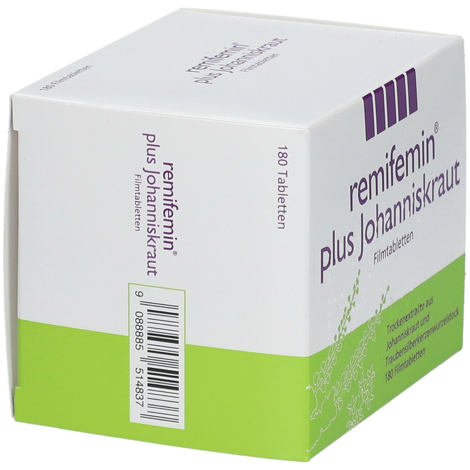 Weißer Karton mit "remifemin plus Johanniskraut". Barcode und grüne Fläche. 180 Tabletten.