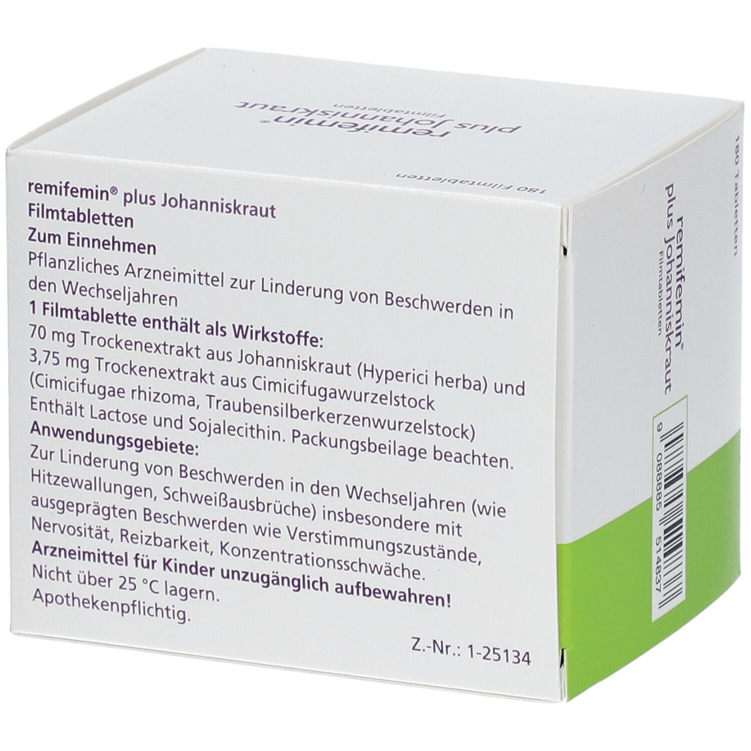 Weißer Karton mit Text. "remifemin plus Johanniskraut". Text über Inhaltsstoffe und Anwendung.