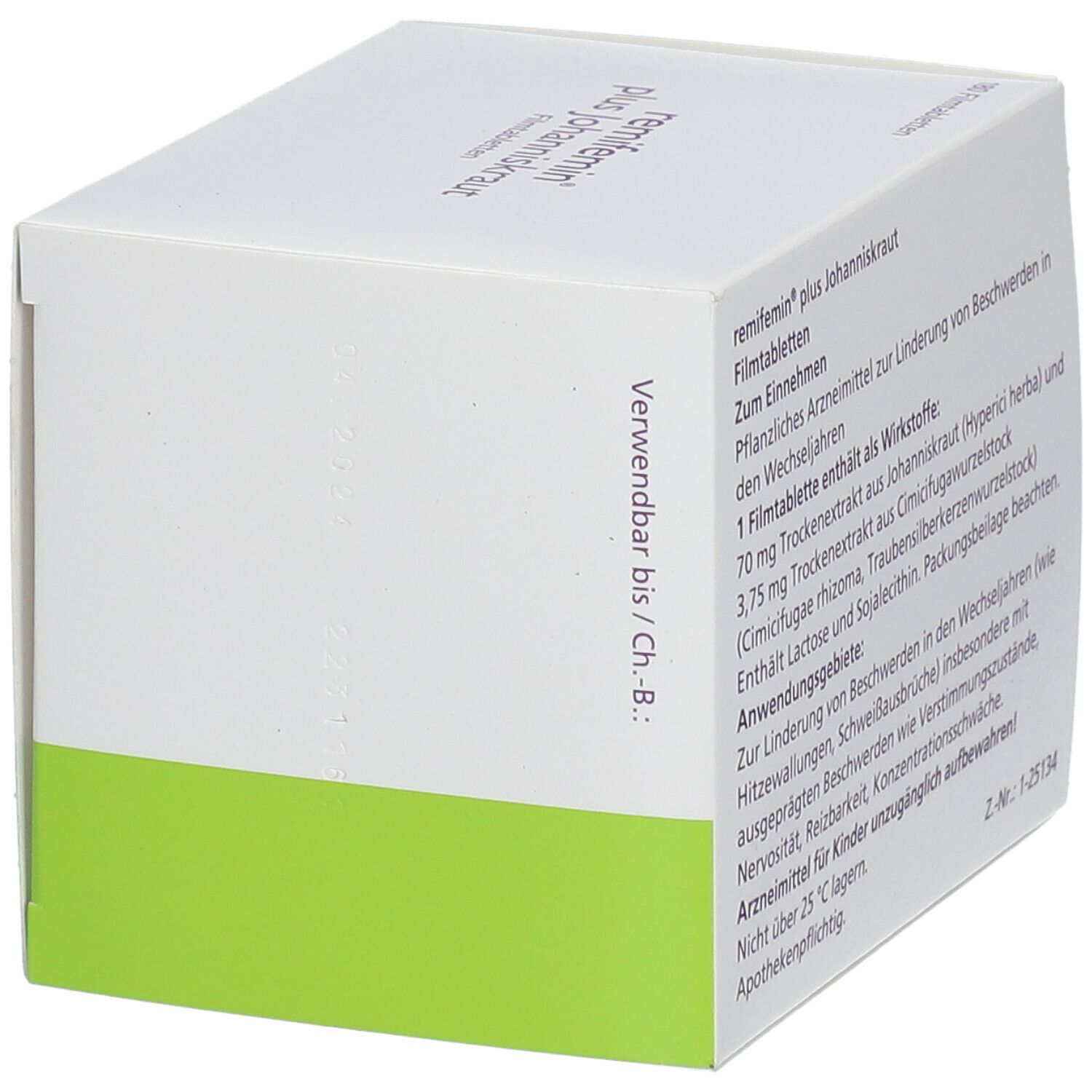 Weißer Karton mit Text. "remifemin plus Johanniskraut". Text über Inhaltsstoffe und Anwendung.