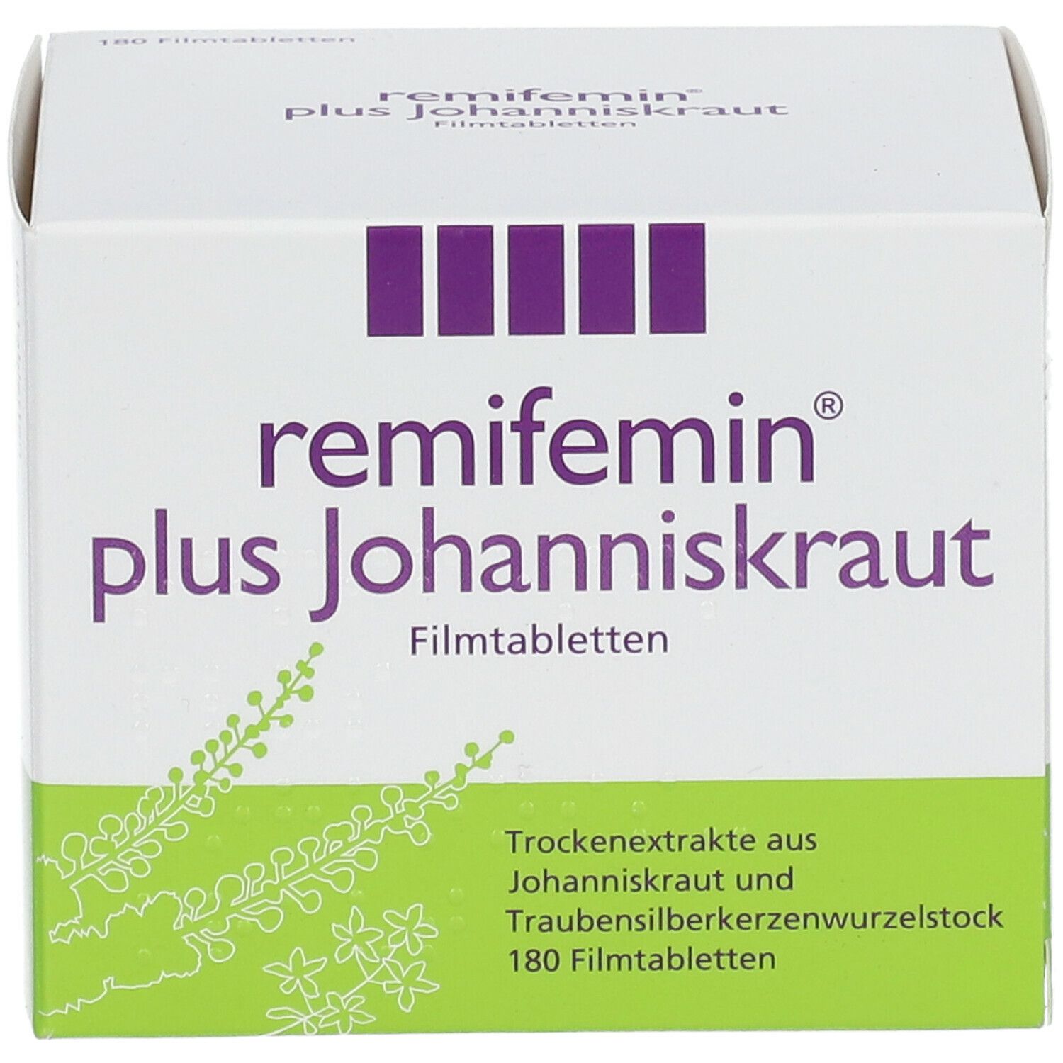 Weißer Karton mit "remifemin plus Johanniskraut" und grüner Fläche. 180 Filmtabletten.