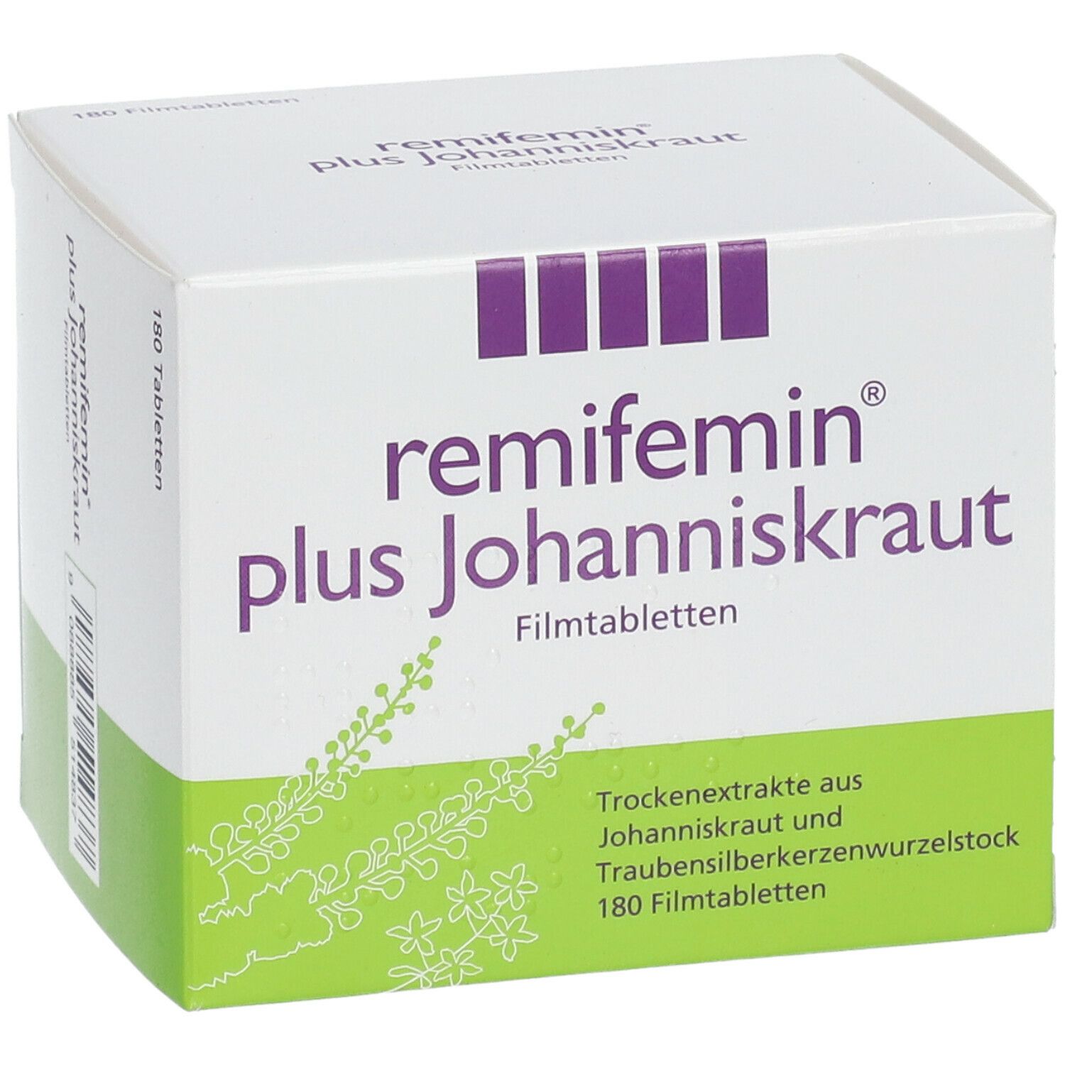 Weißer Karton mit "remifemin plus Johanniskraut" und grüner Fläche. 180 Filmtabletten.
