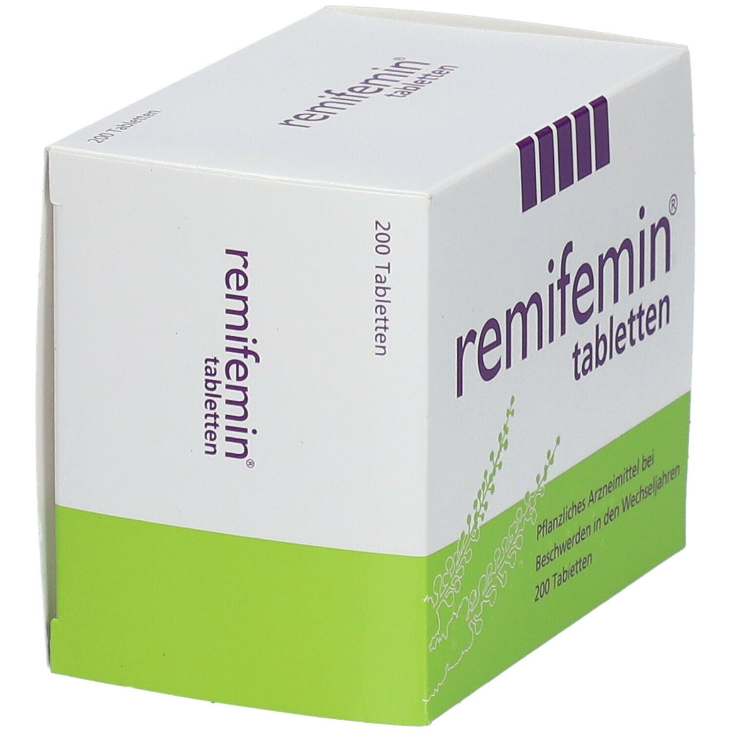 Weiße Schachtel mit lila Schriftzug "remifemin tabletten". Grüner Streifen unten. 200 Tabletten.