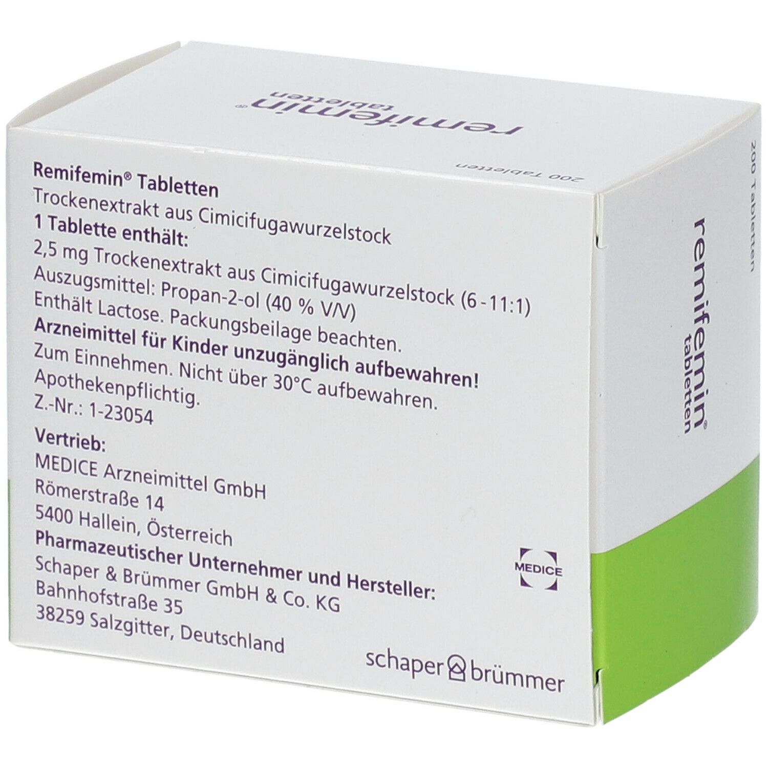 Weiße Schachtel mit Text und Logo "remifemin tabletten". Rückseite mit Inhaltsangaben und Herstellerinformationen.