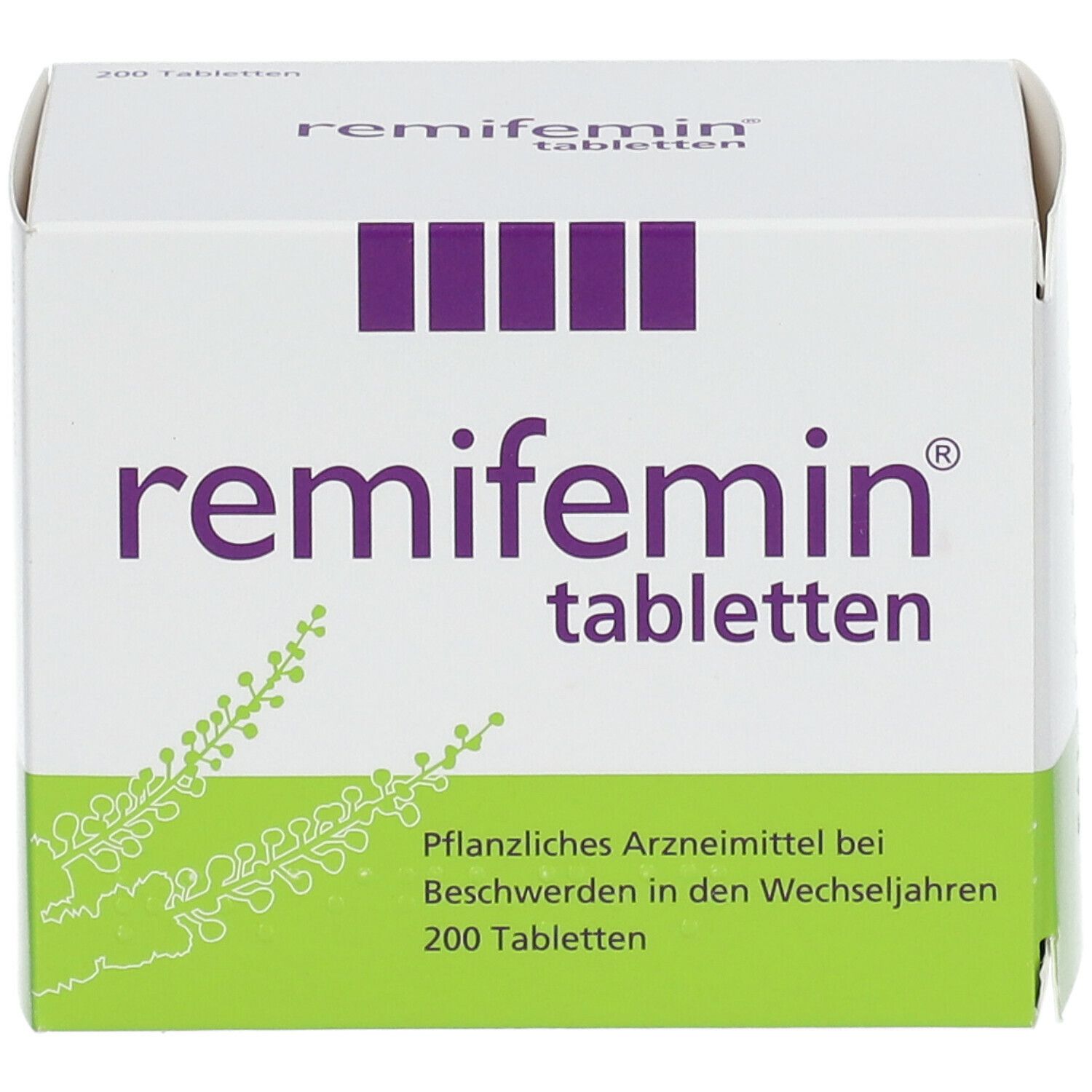 Weiße Schachtel mit lila Schriftzug "remifemin tabletten". Grüner Streifen unten. 200 Tabletten.