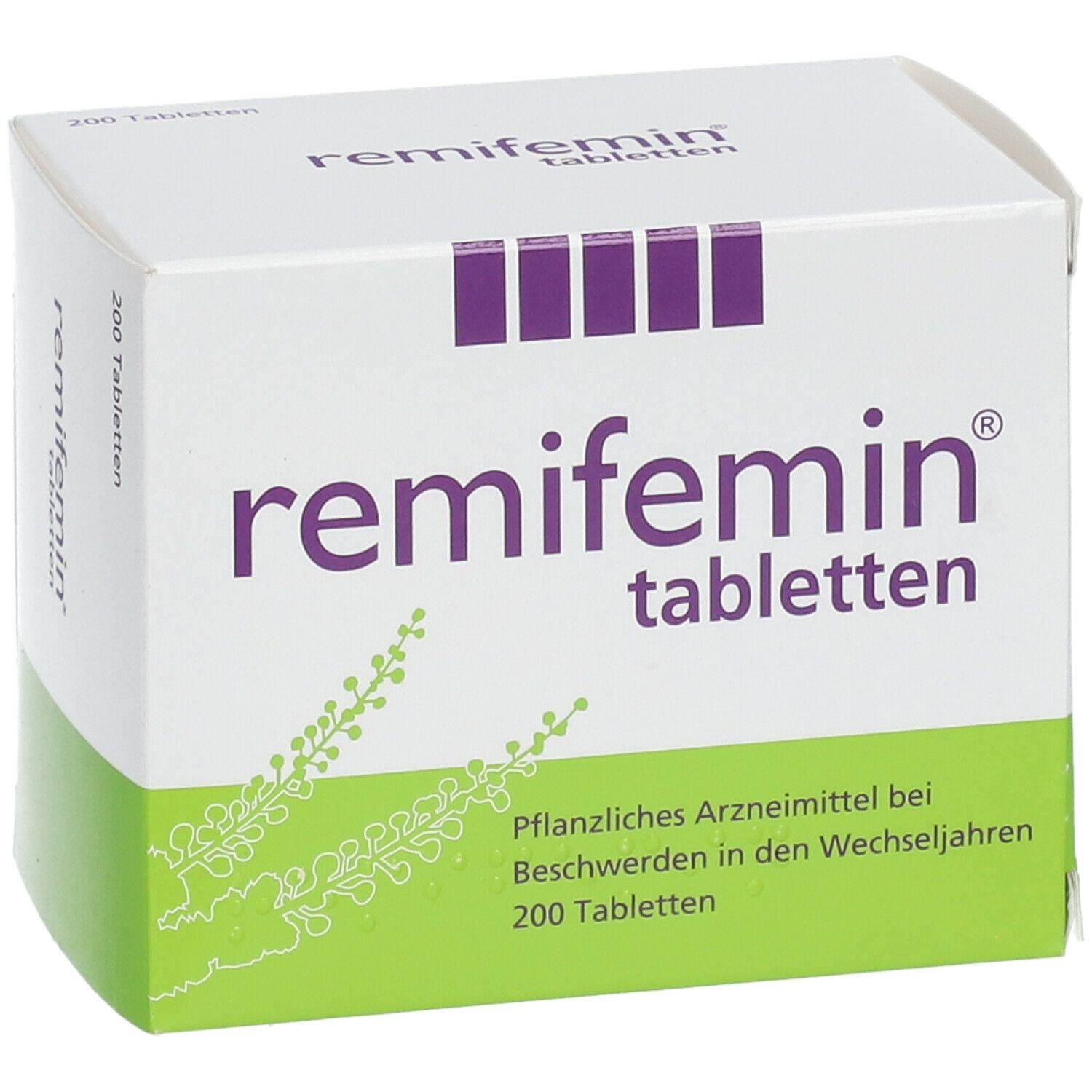 Weiße Schachtel mit lila Schriftzug "remifemin tabletten". Grüner Streifen unten. 200 Tabletten.
