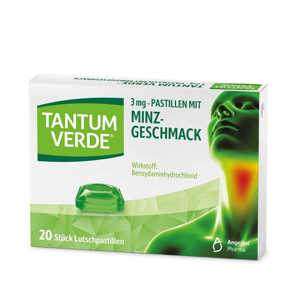 TANTUM VERDE® Halspastillen Minze-Packung. 20 Pastillen. Grüne Pastille sichtbar. Grün-weißes Design.