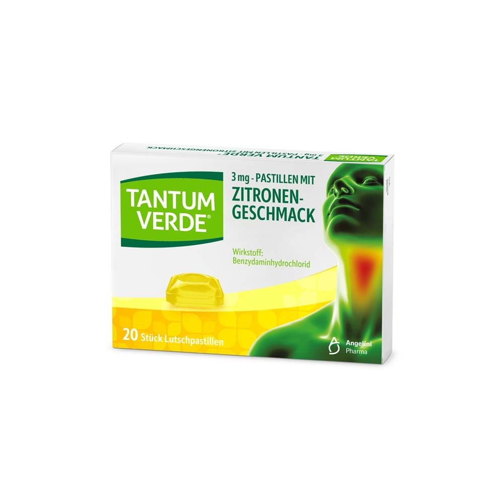 Packung TANTUM VERDE® Halspastillen Zitrone. 20 Pastillen. Angelli Pharma Logo.