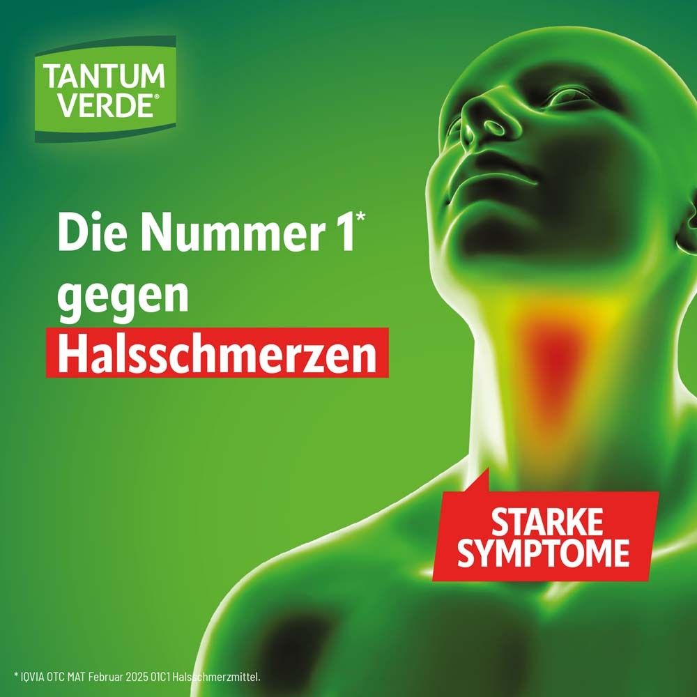 Werbung für TANTUM VERDE®. Text: Die Nummer 1 gegen Halsschmerzen. Starker Symptome.