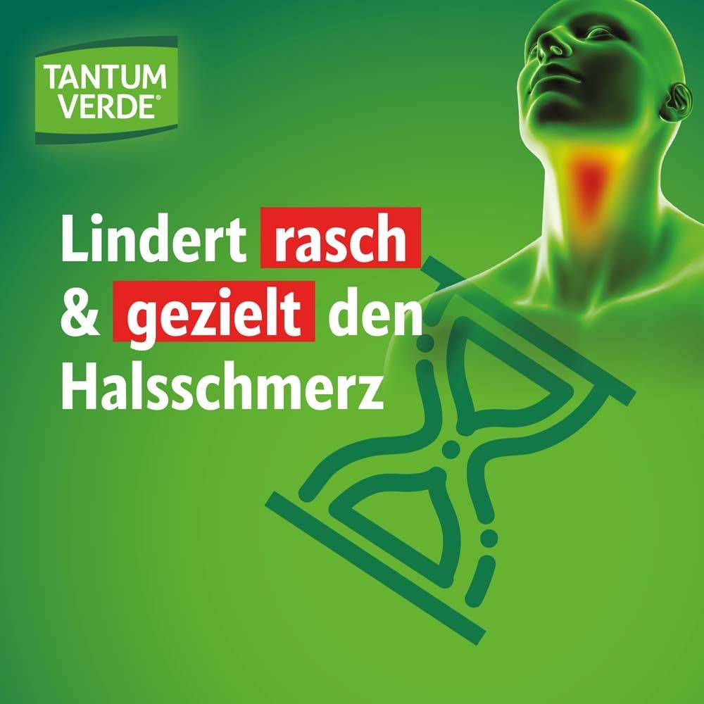 Werbung für TANTUM VERDE®. Text: Lindert rasch & gezielt den Halsschmerz. Sanduhr-Symbol.