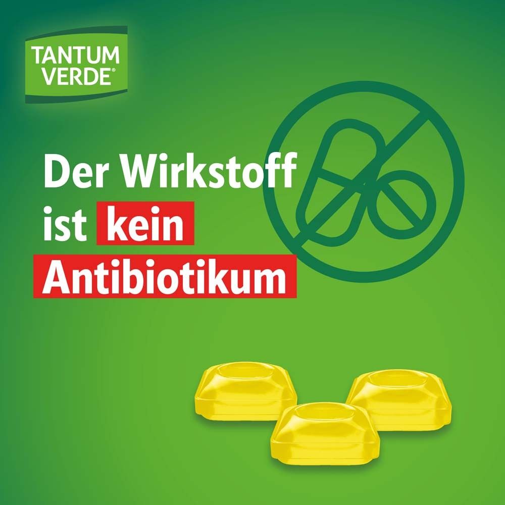 Werbung für TANTUM VERDE®. Text: Der Wirkstoff ist kein Antibiotikum. Drei gelbe Pastillen.