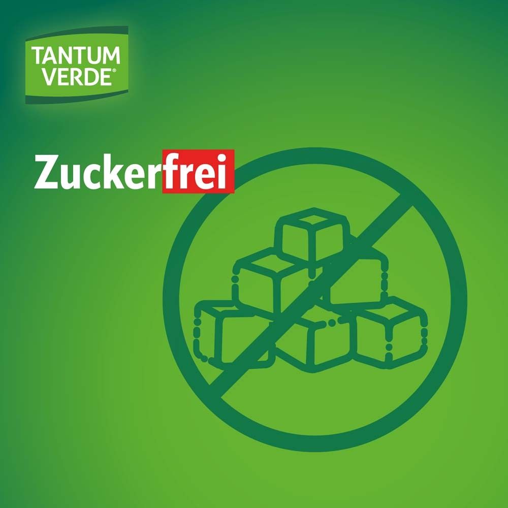 Werbung für TANTUM VERDE®. Text: Zuckerfrei. Symbol: Kein Zucker.