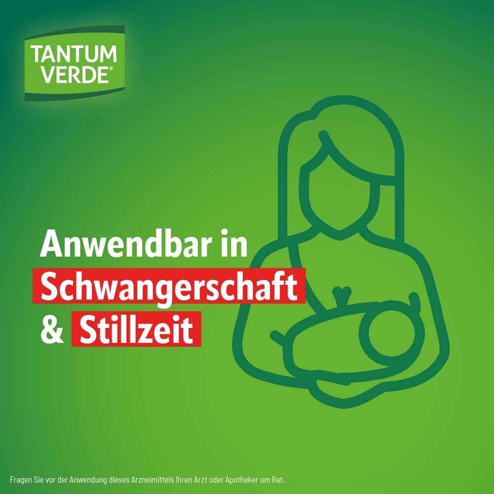 Werbung für TANTUM VERDE®. Text: Anwendbar in Schwangerschaft & Stillzeit. Mutter-Kind-Symbol.