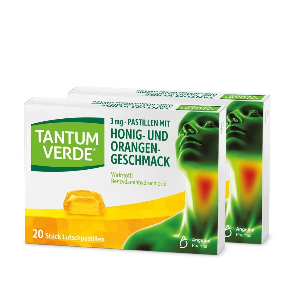 Zwei Packungen TANTUM VERDE® Halspastillen Honig-Orange. 20 Lutschpastillen pro Packung. Gelbe Pastille sichtbar.