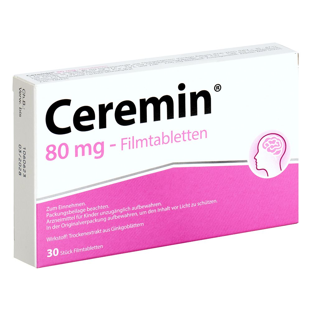 Schachtel mit Ceremin 80 mg Filmtabletten. Rosa und weißes Design mit Text und einem Gehirn-Symbol.