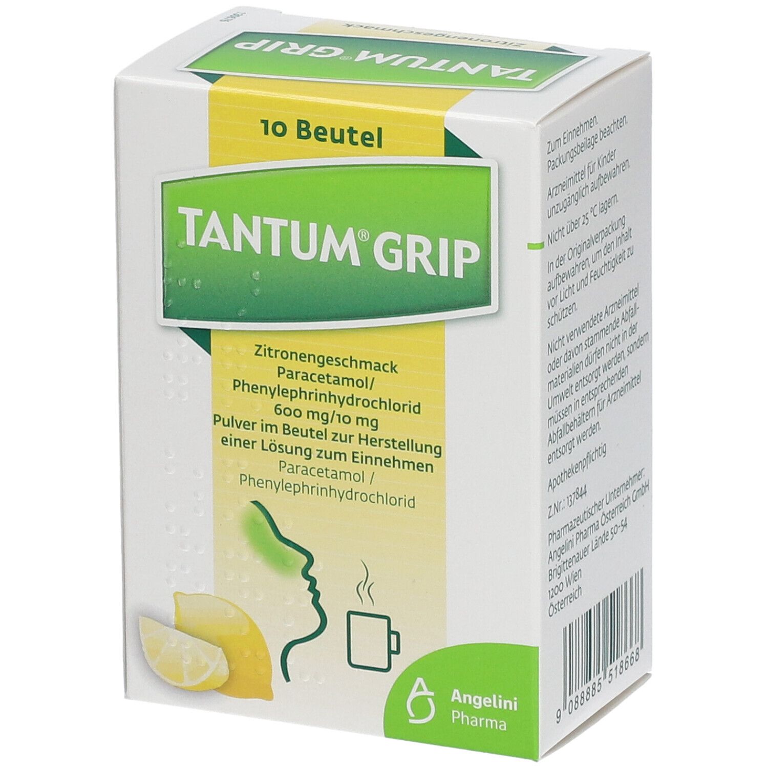 Tantum Grip Packung. Enthält 10 Beutel. Aufdruck: Zitrone, Tasse, Inhaltsstoffe. Angelini Pharma Logo.