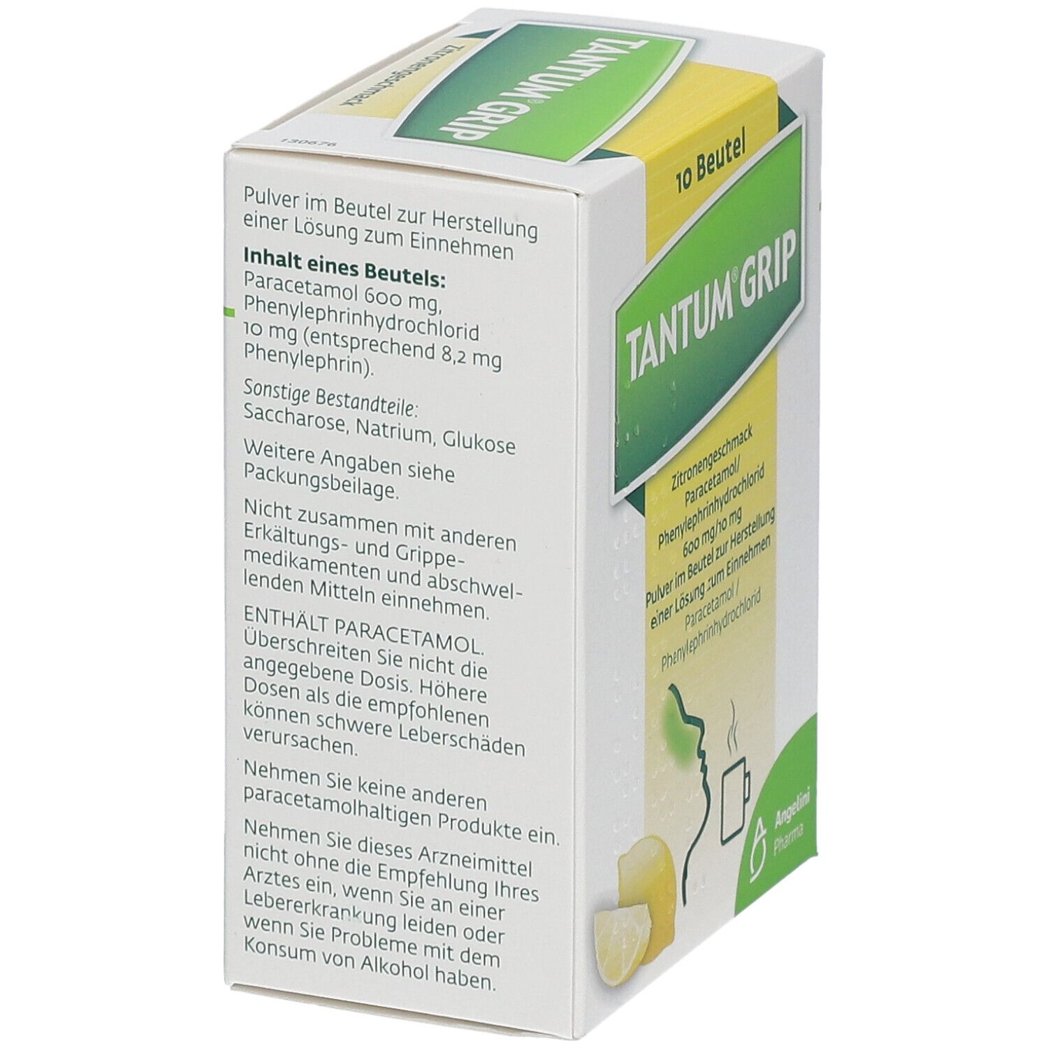 Tantum Grip Packung, Seitenansicht. Enthält 10 Beutel. Inhaltsstoffe: Paracetamol, Phenylephrin. Warnhinweise.