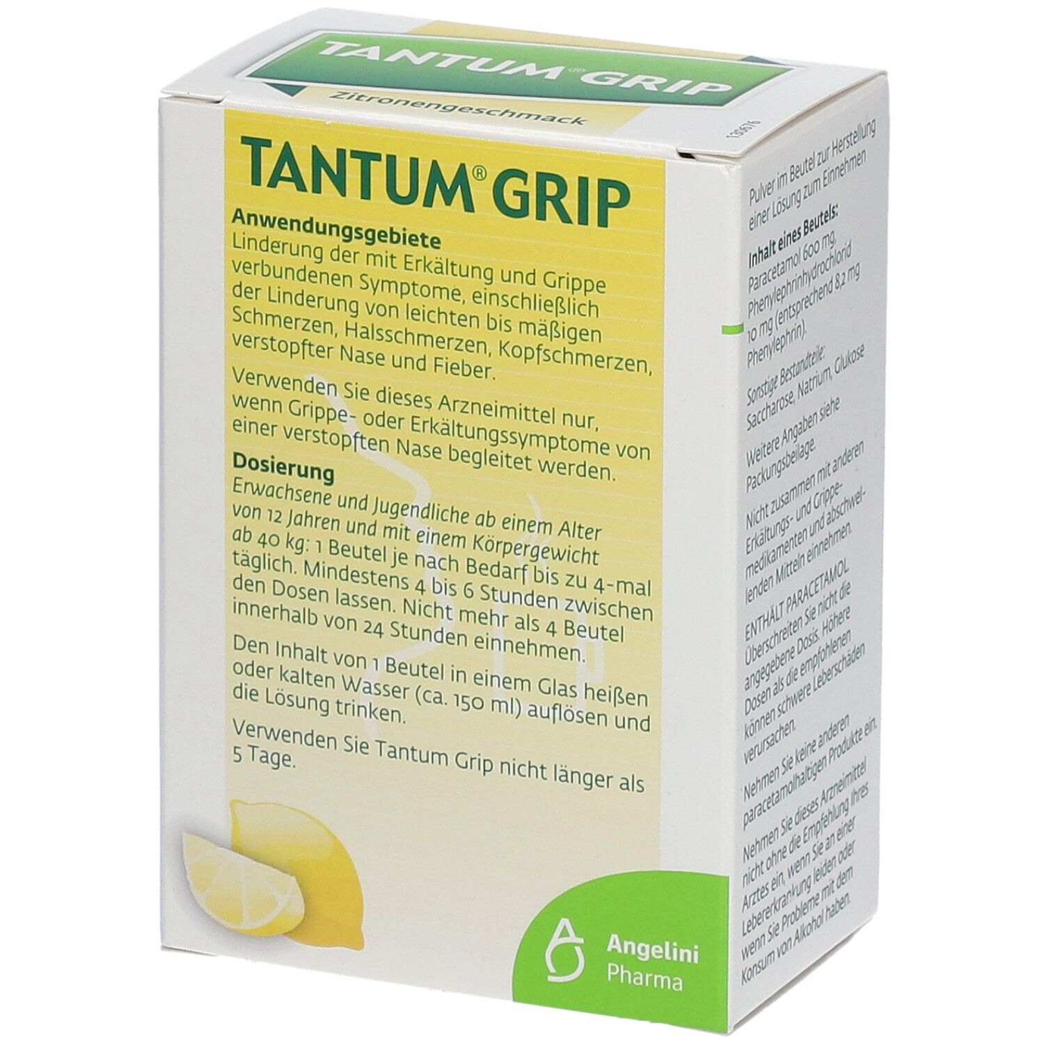 Tantum Grip Packung. Anwendungsgebiete: Erkältungssymptome. Dosierungshinweise. Angelini Pharma Logo. Zitrone und Tasse abgebildet.