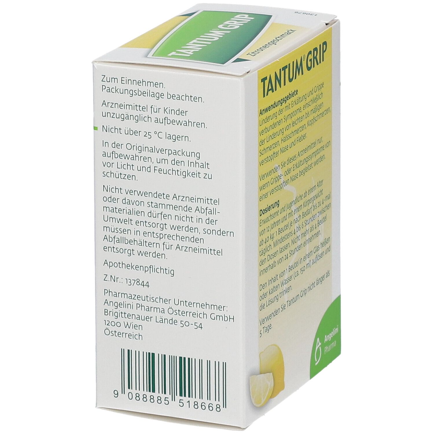 Rückseite der Tantum Grip Packung. Hinweise zur Aufbewahrung und Entsorgung. Apothekeninformationen. Angelini Pharma Logo.