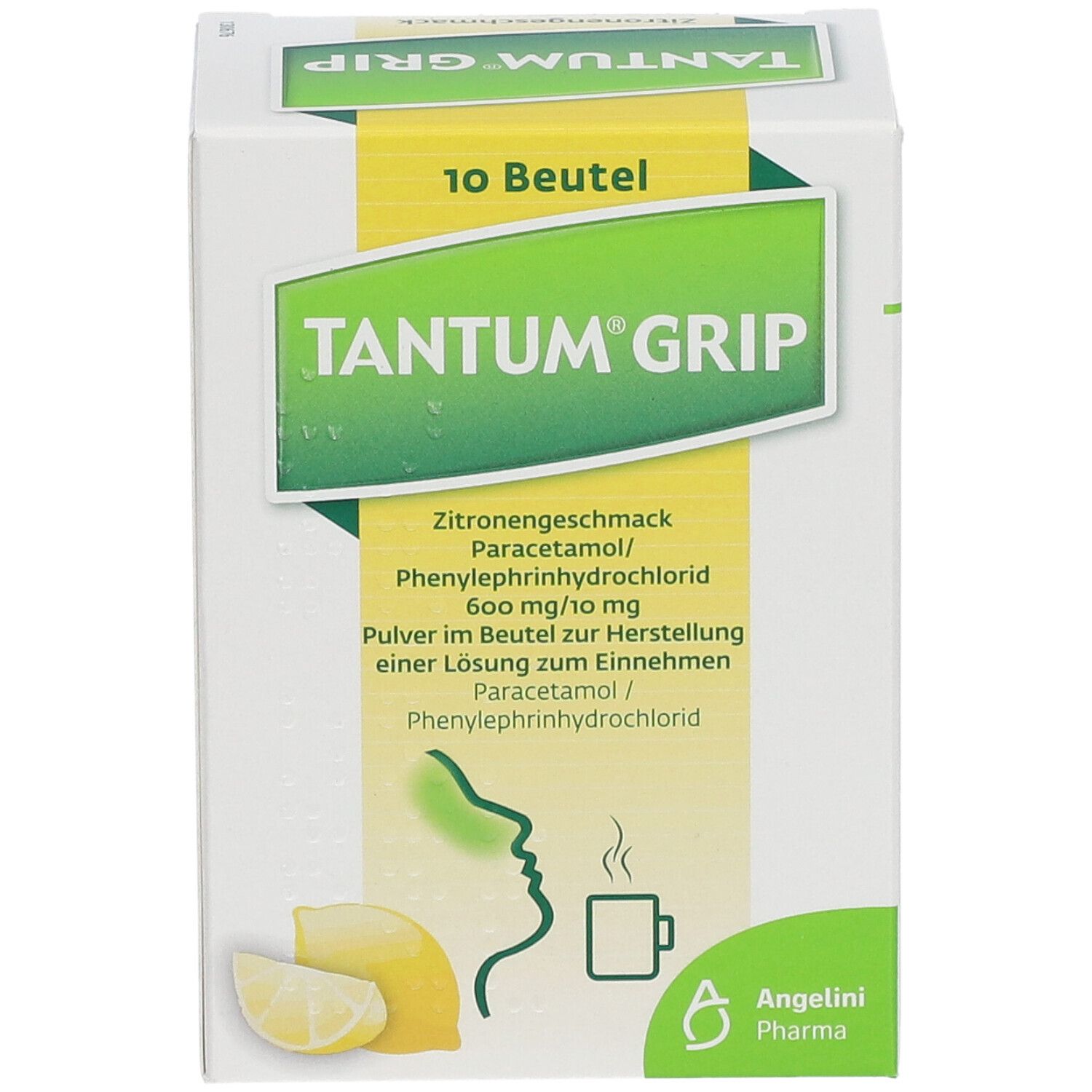 Tantum Grip Packung. Enthält 10 Beutel. Aufdruck: Zitrone, Tasse, Inhaltsstoffe. Angelini Pharma Logo.