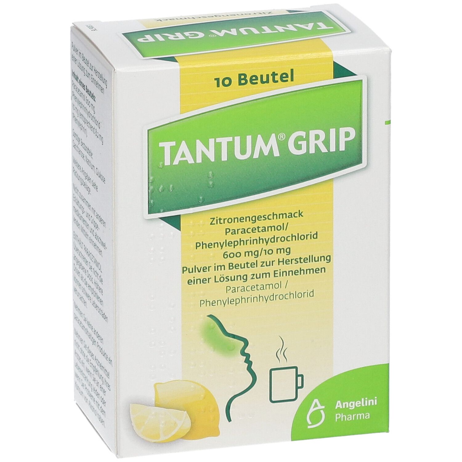 Tantum Grip Packung. Enthält 10 Beutel. Aufdruck: Zitrone, Tasse, Inhaltsstoffe. Angelini Pharma Logo.