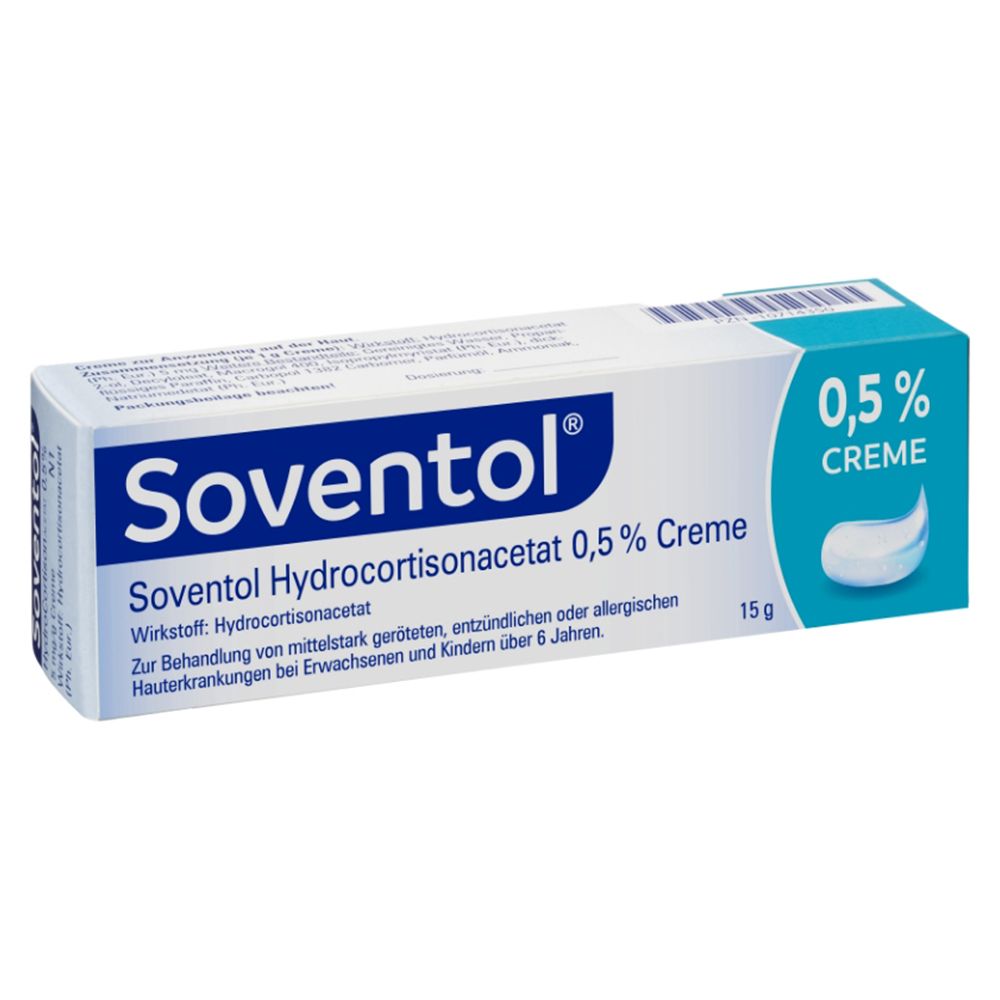 Tube und Faltschachtel Soventol Hydrocortisonacetat 0,5 % Creme. Blaue und weiße Verpackung. Text.