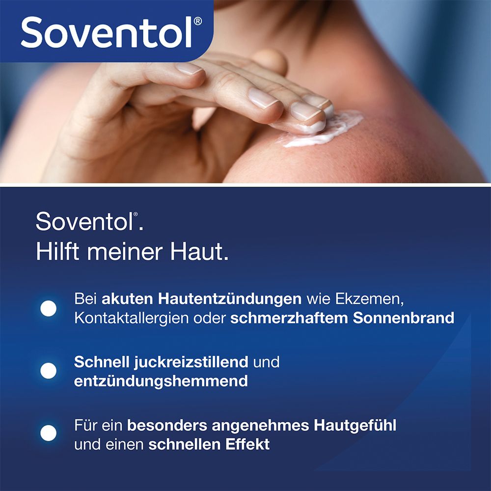 Person trägt Creme auf die Schulter auf. Text: Soventol. Hilft meiner Haut. Bei akuten Hautentzündungen.