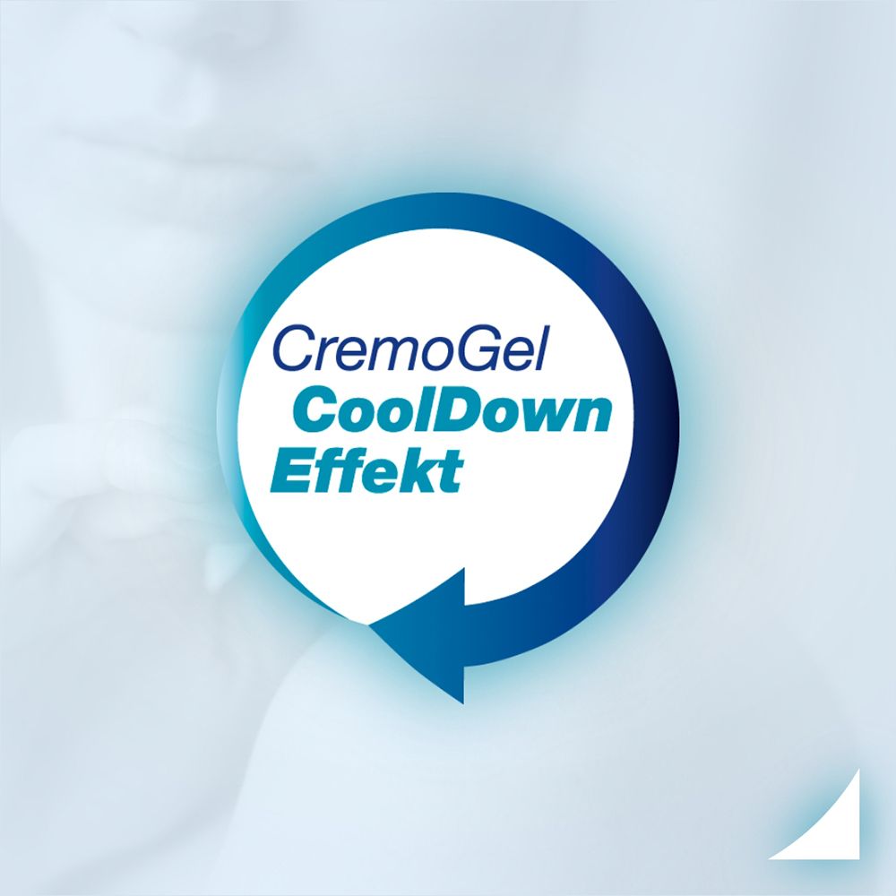 Blaues Logo mit Text: CremoGel CoolDown Effekt. Pfeil.