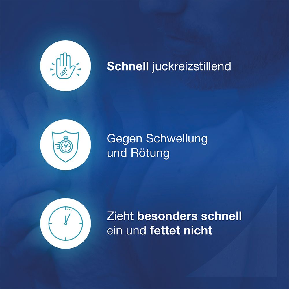 Drei Symbole mit Text. Schnell juckreizstillend. Gegen Schwellung und Rötung. Zieht schnell ein.