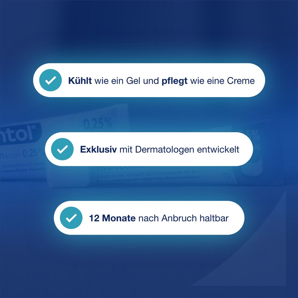 Drei Symbole mit Text. Kühlt wie Gel und pflegt wie Creme. Mit Dermatologen entwickelt. 12 Monate haltbar.