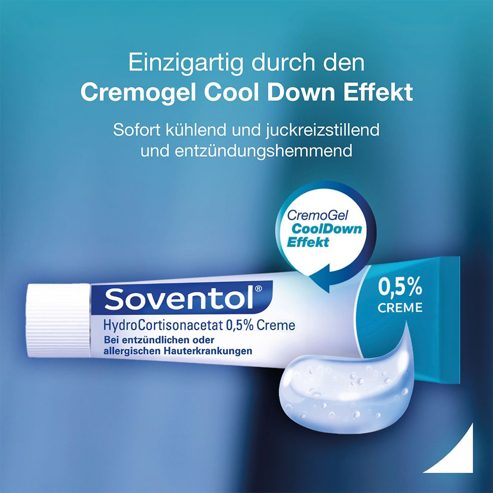 Tube Soventol Hydrocortisonacetat 0,5 % Creme. Gel-Tropfen. Text: CremoGel Cool Down Effekt.