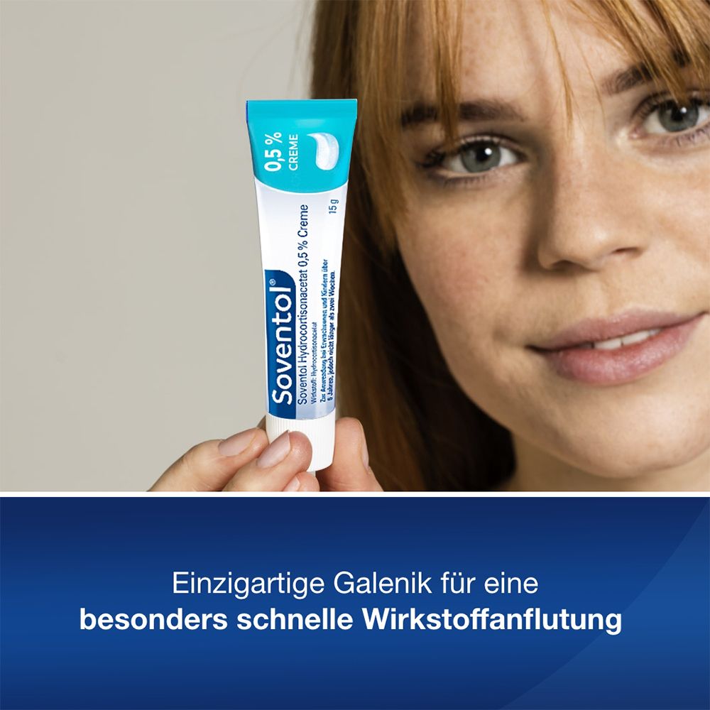 Frau hält Tube Soventol Hydrocortisonacetat 0,5 % Creme. Text: Schnelle Wirkstoffanflutung.