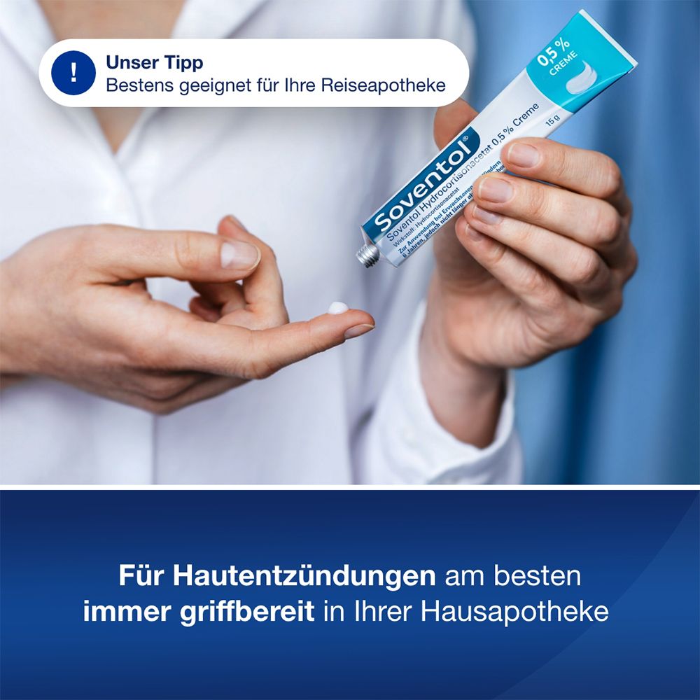 Person hält Tube Soventol Hydrocortisonacetat 0,5 % Creme. Text: Für Reiseapotheke. Für Hautentzündungen.
