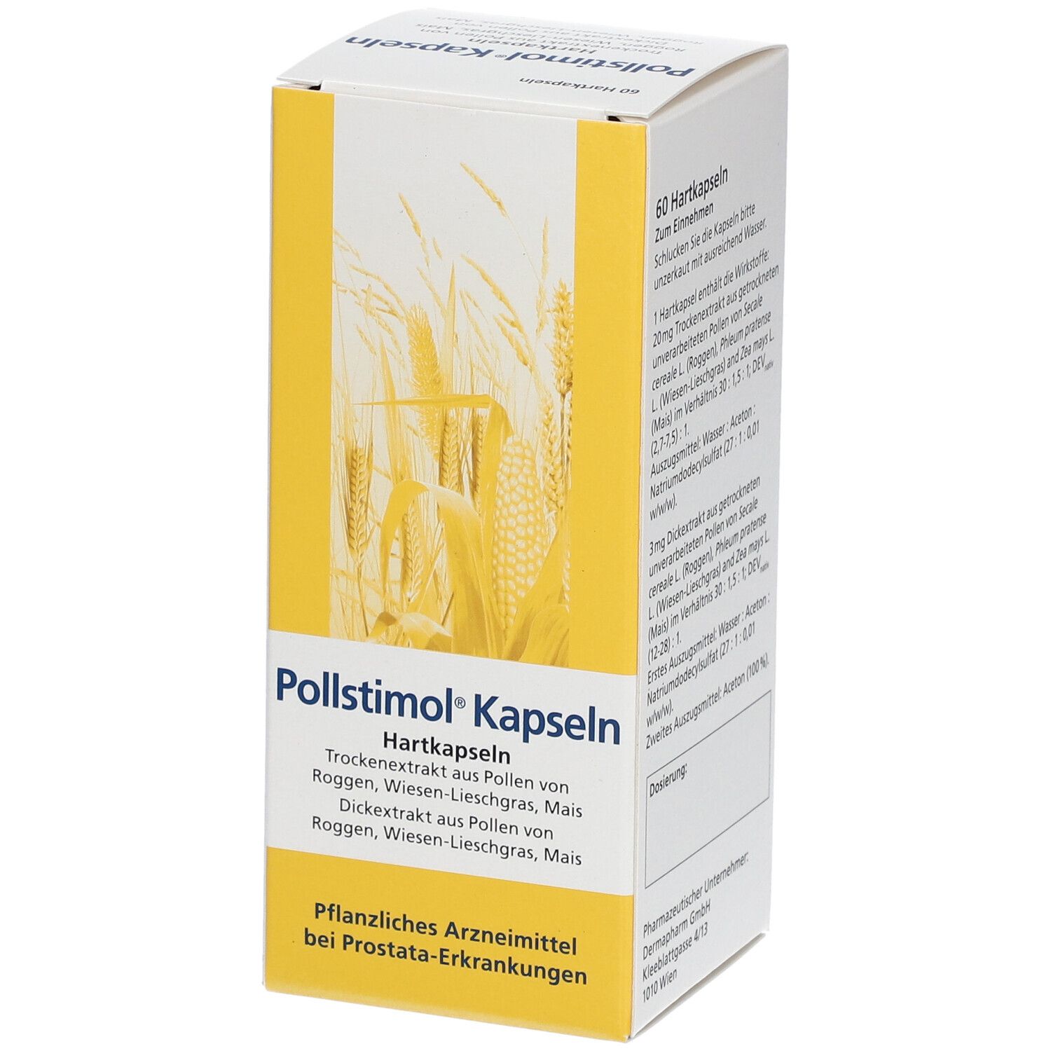 Pollstimol Kapseln-Packung. Gelb-weiße Schachtel mit Produktnamen und Inhaltsangaben. Pflanzliches Arzneimittel.